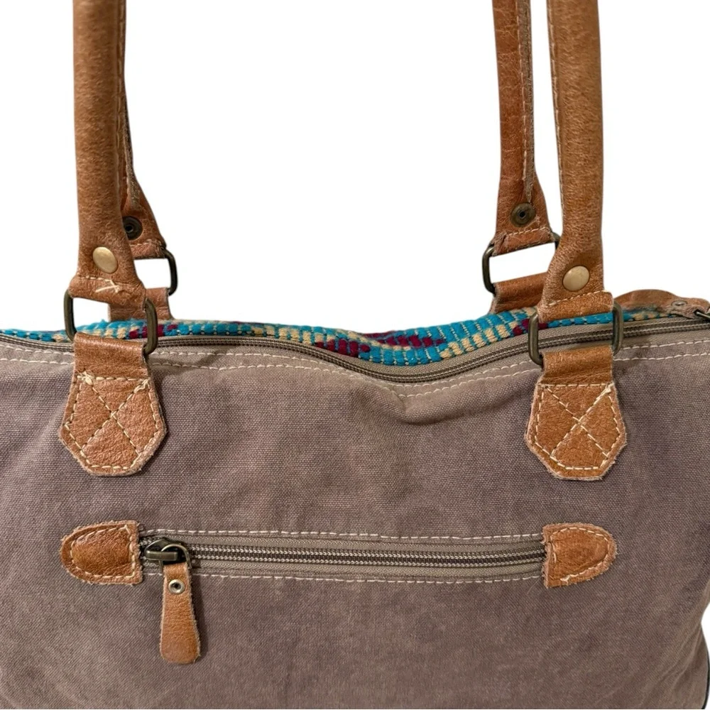 Myra Bag Foxy Messenger S-1968 Cowhide Aztec Turquoise Leather Crossbody Tote - Picture 7 of 9